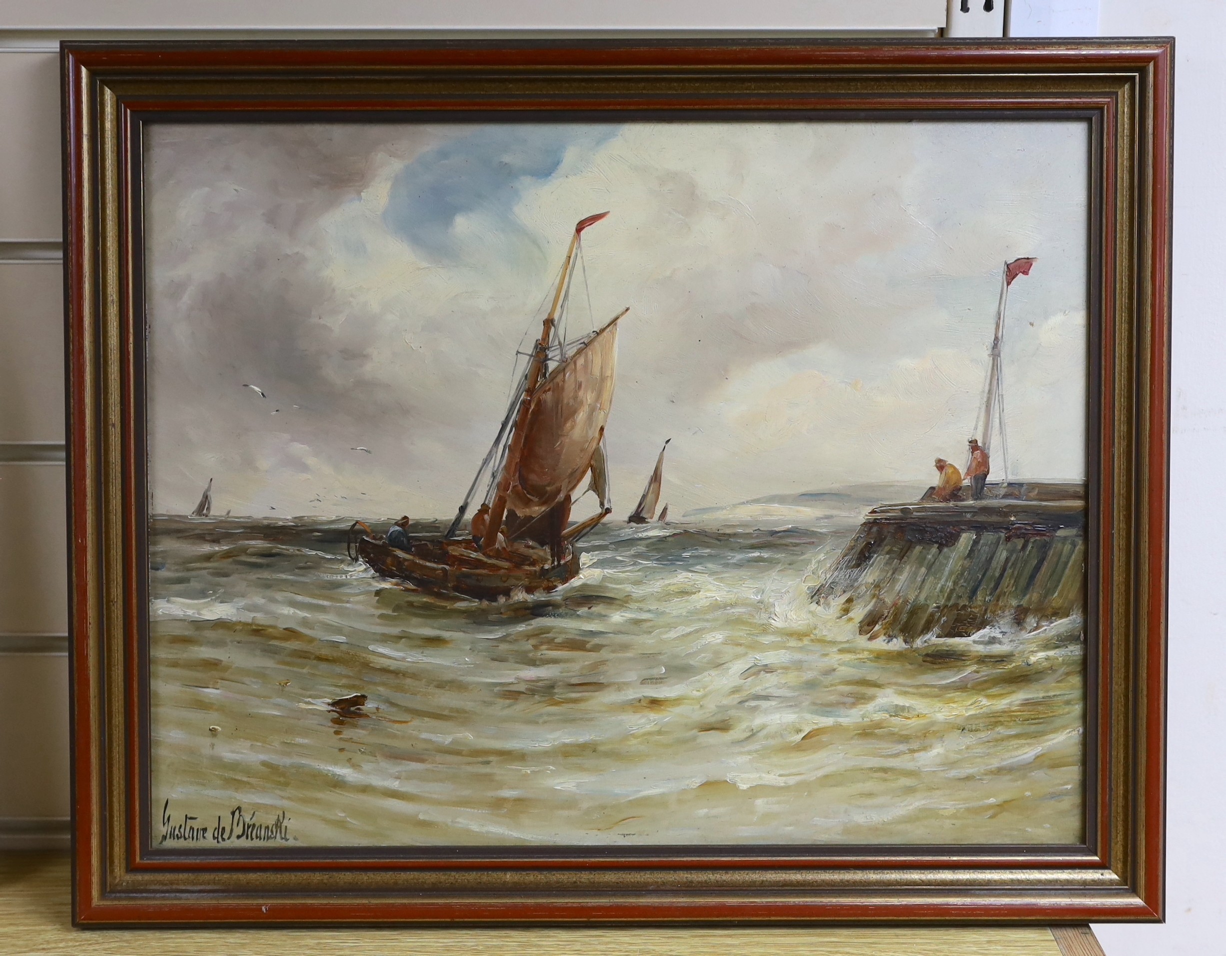 Gustave de Bréanski (1856-1898), oil on board, Fishing boat off a jetty, signed, 34 x 44cm